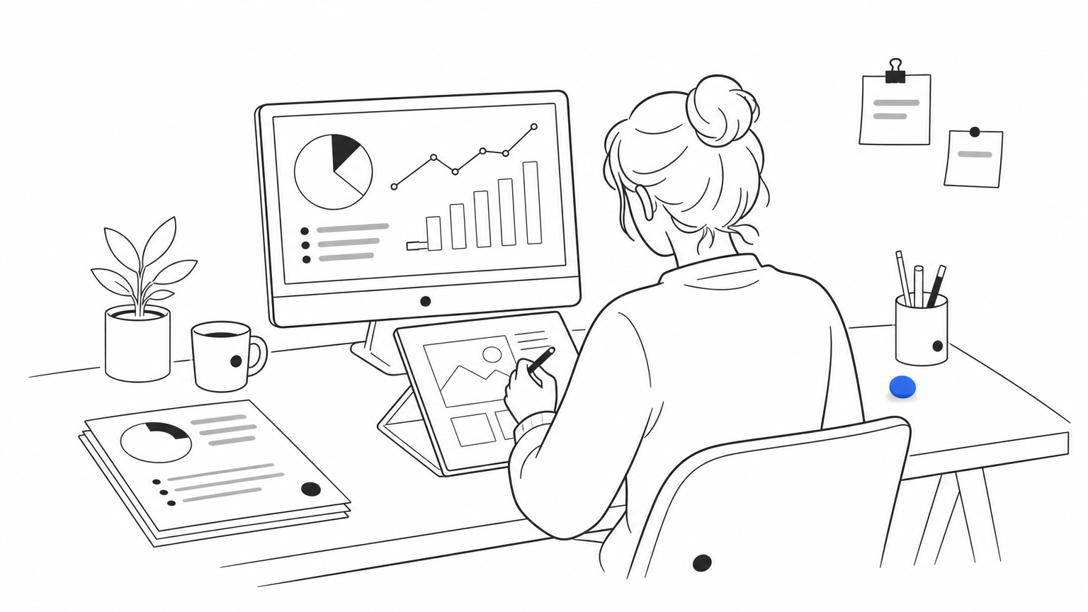 Desk showing a printed research report, a data chart on screen, and a hand-drawn visual sketch.