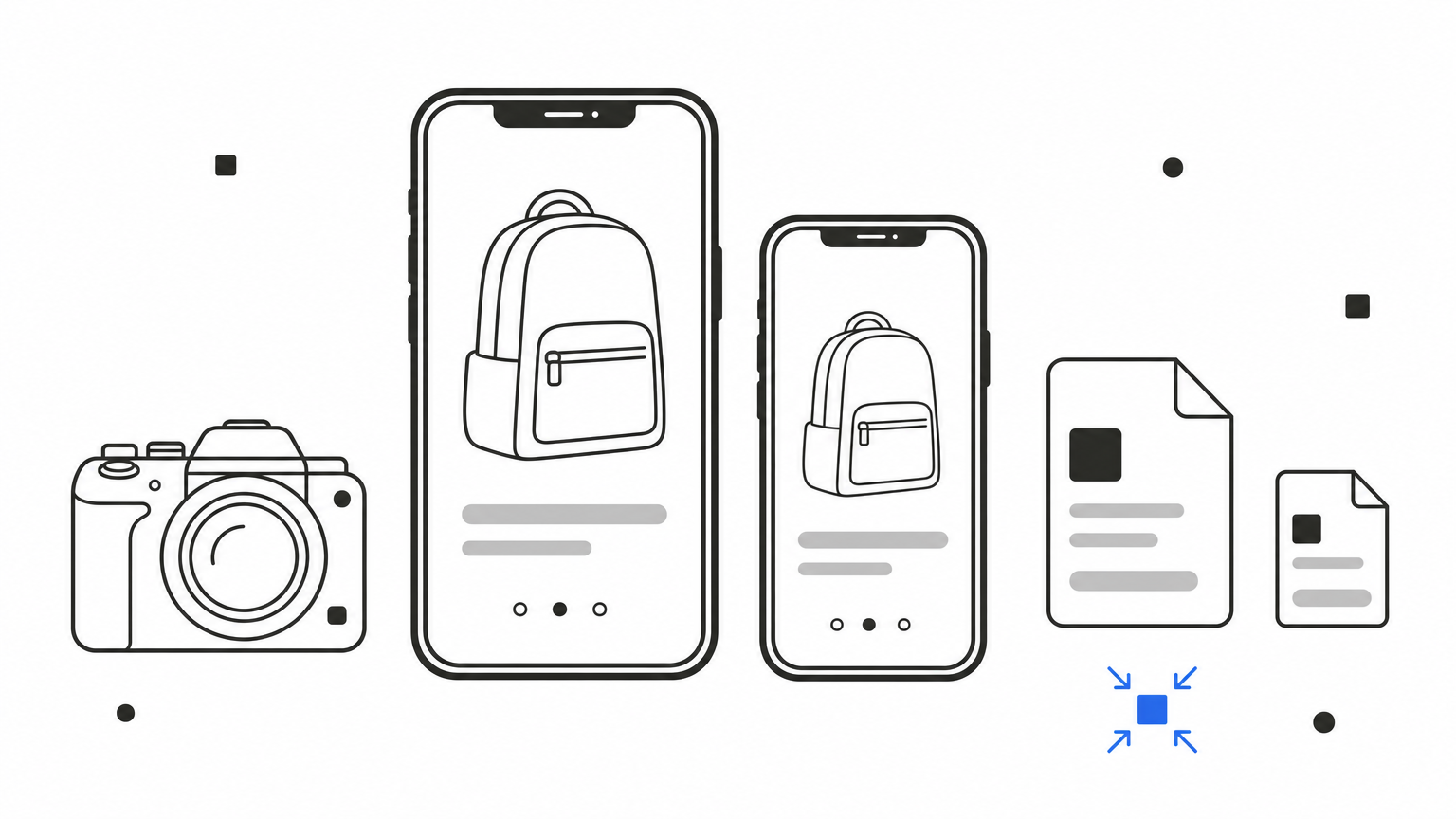 A phone displaying a product photo next to large and small file size icons representing compression.