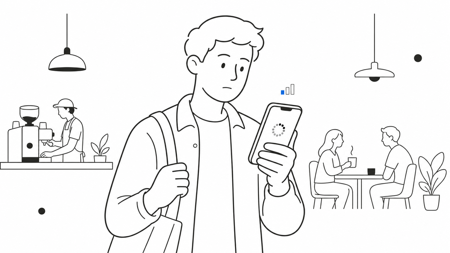 A person in a busy coffee shop viewing a store on a smartphone with a weak signal indicator.