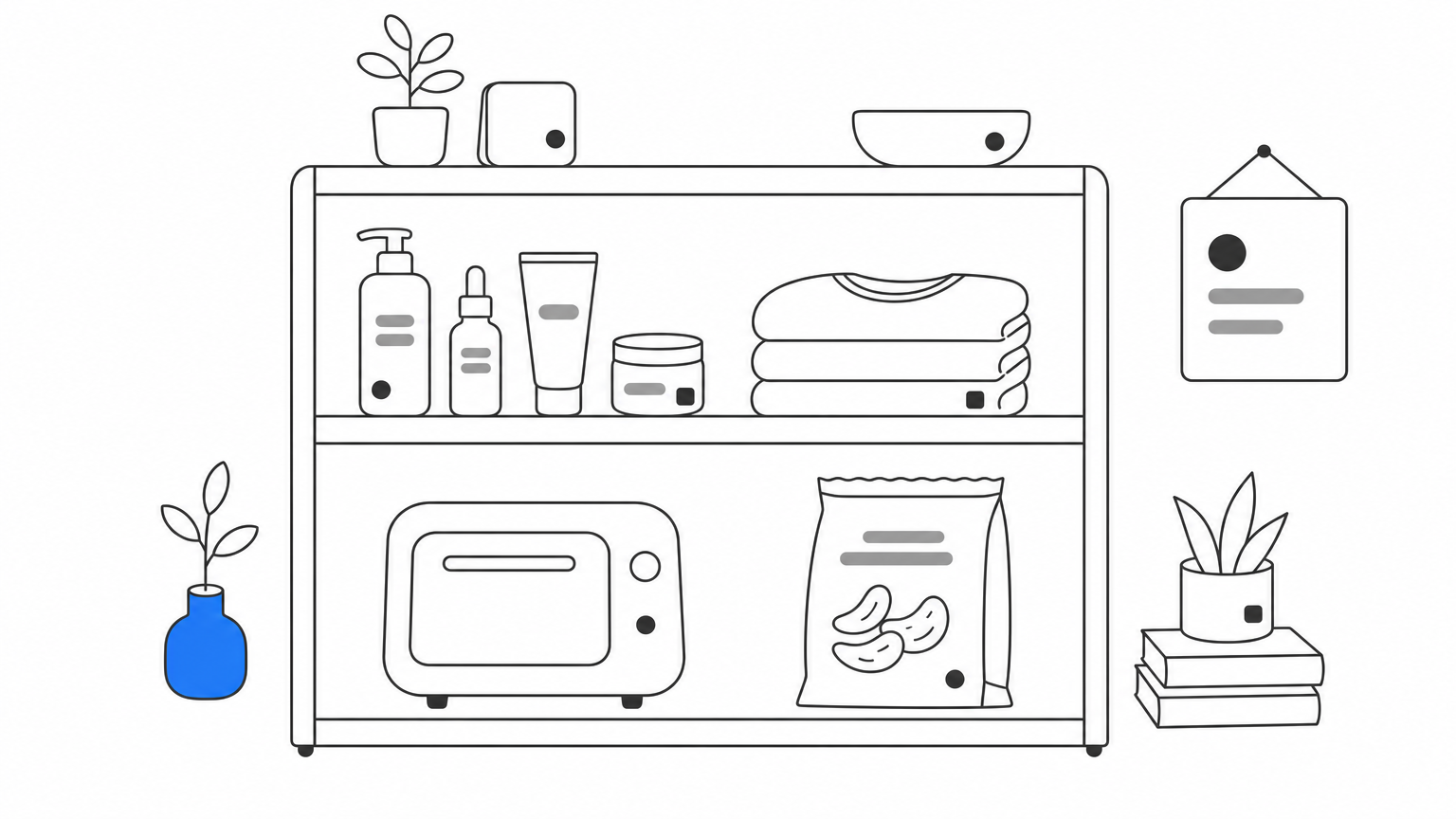 Shelf displaying skincare bottles, folded clothes, a kitchen appliance, and a snack bag.