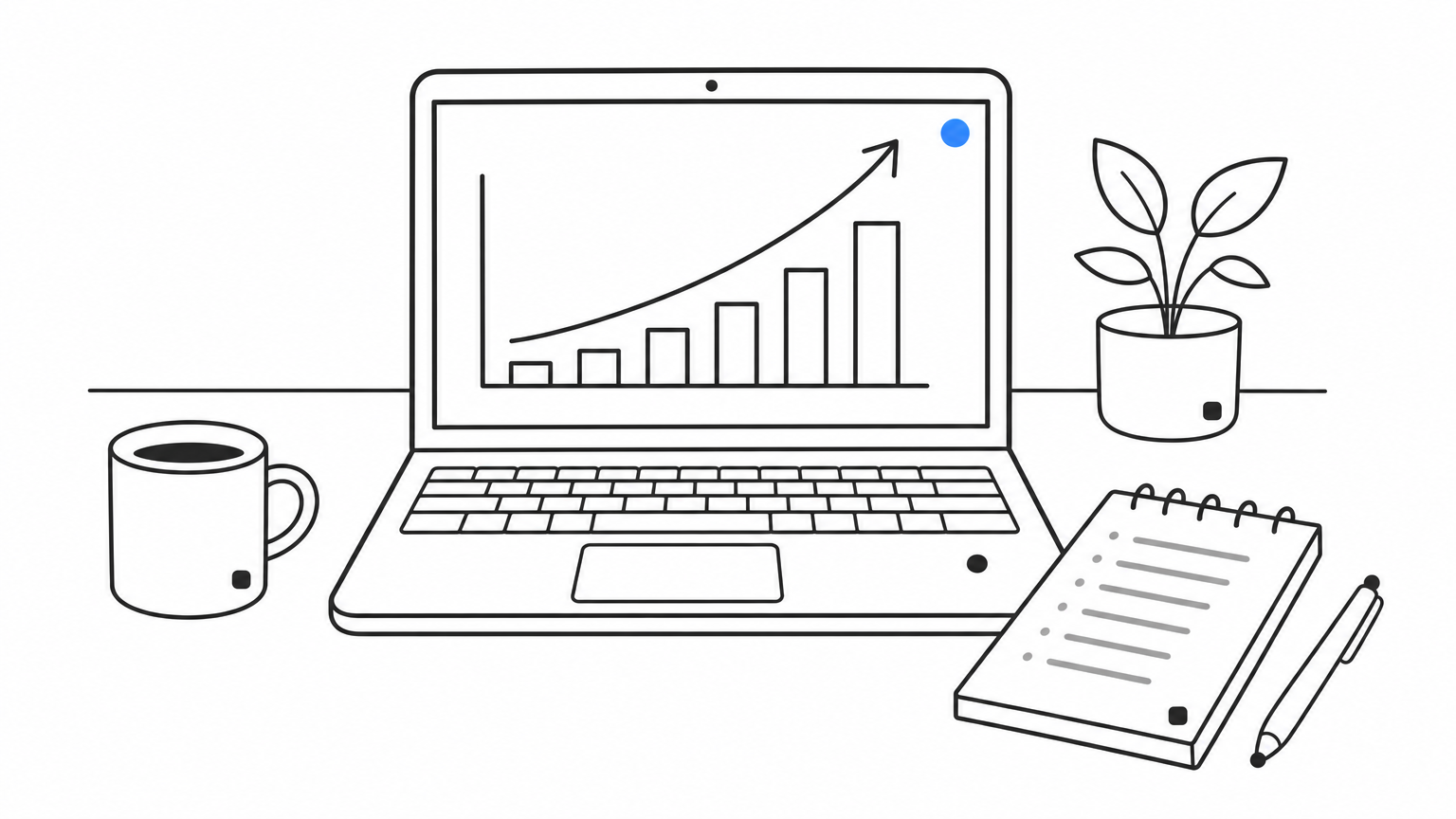 Laptop on a desk displaying an upward sales graph beside a notepad and coffee cup.