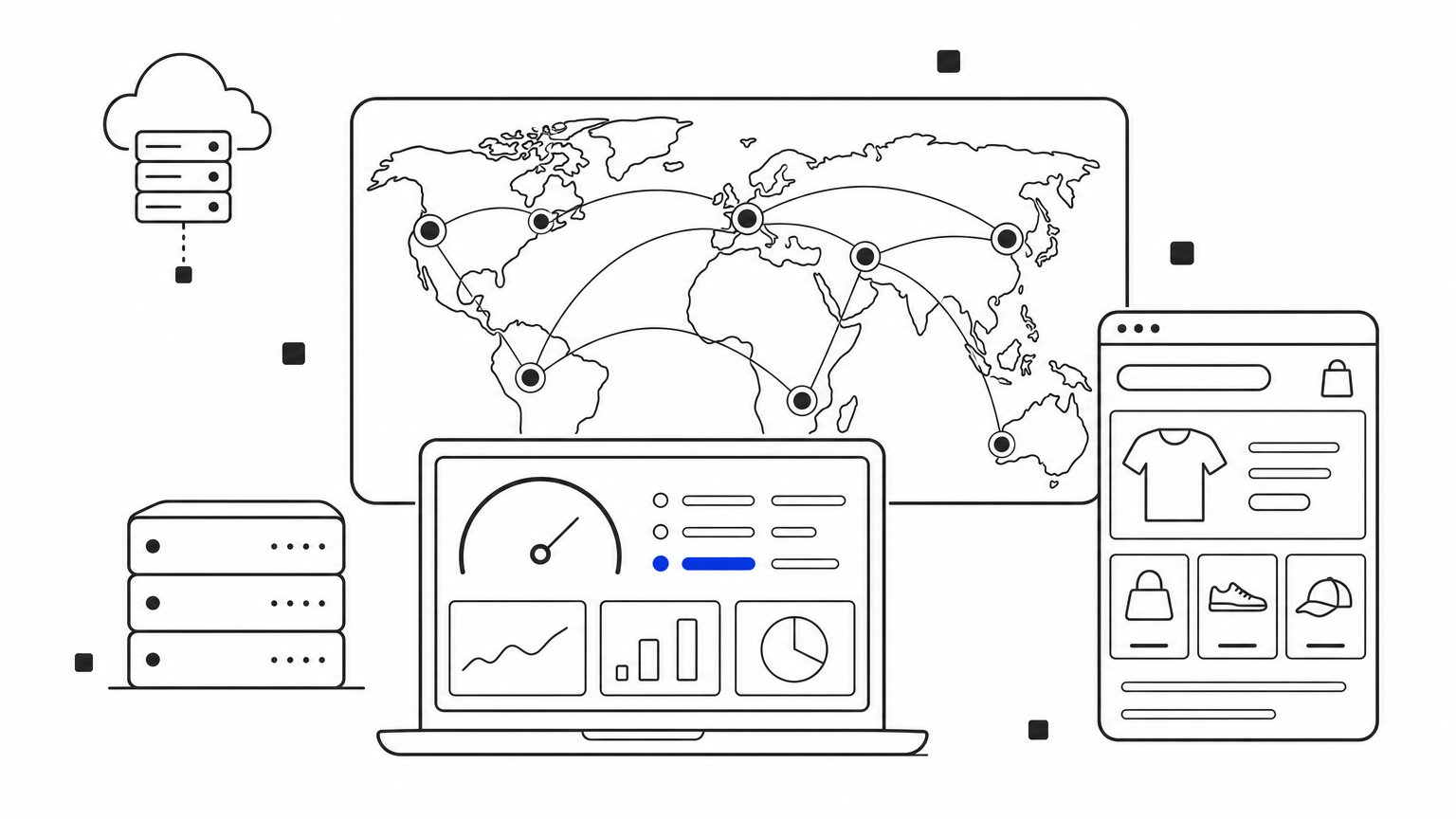 A world map of connected edge servers next to a laptop showing site speed metrics.