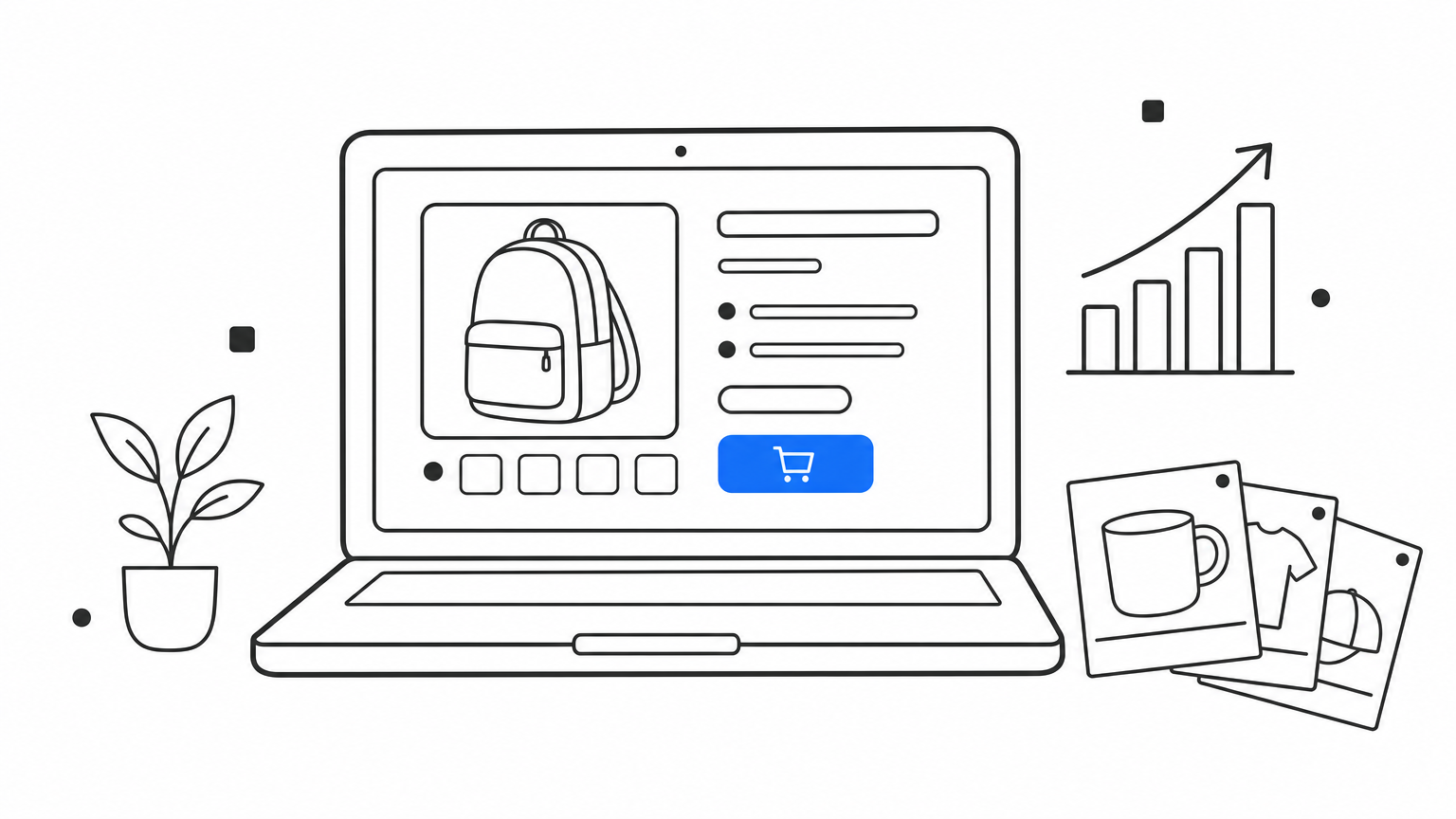 A laptop showing a product checkout page beside a rising sales graph and product photos.