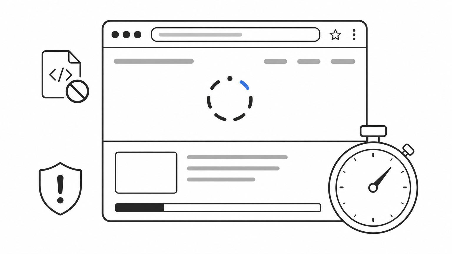 A browser window showing a partially loaded webpage with a loading icon and a stopwatch nearby.