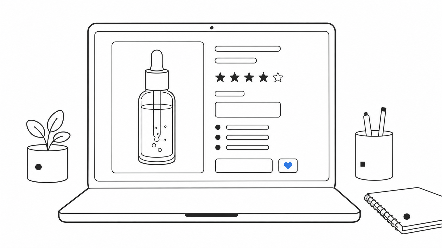 A laptop displaying a product page with price and rating labels alongside a structured data code snippet.