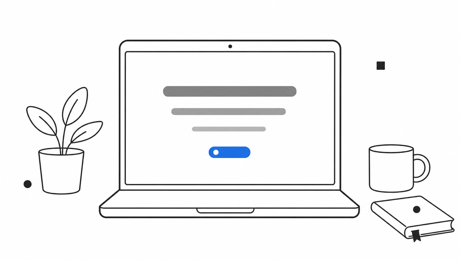 A laptop displays a landing page hero with a headline, subheadline, and one call-to-action button.
