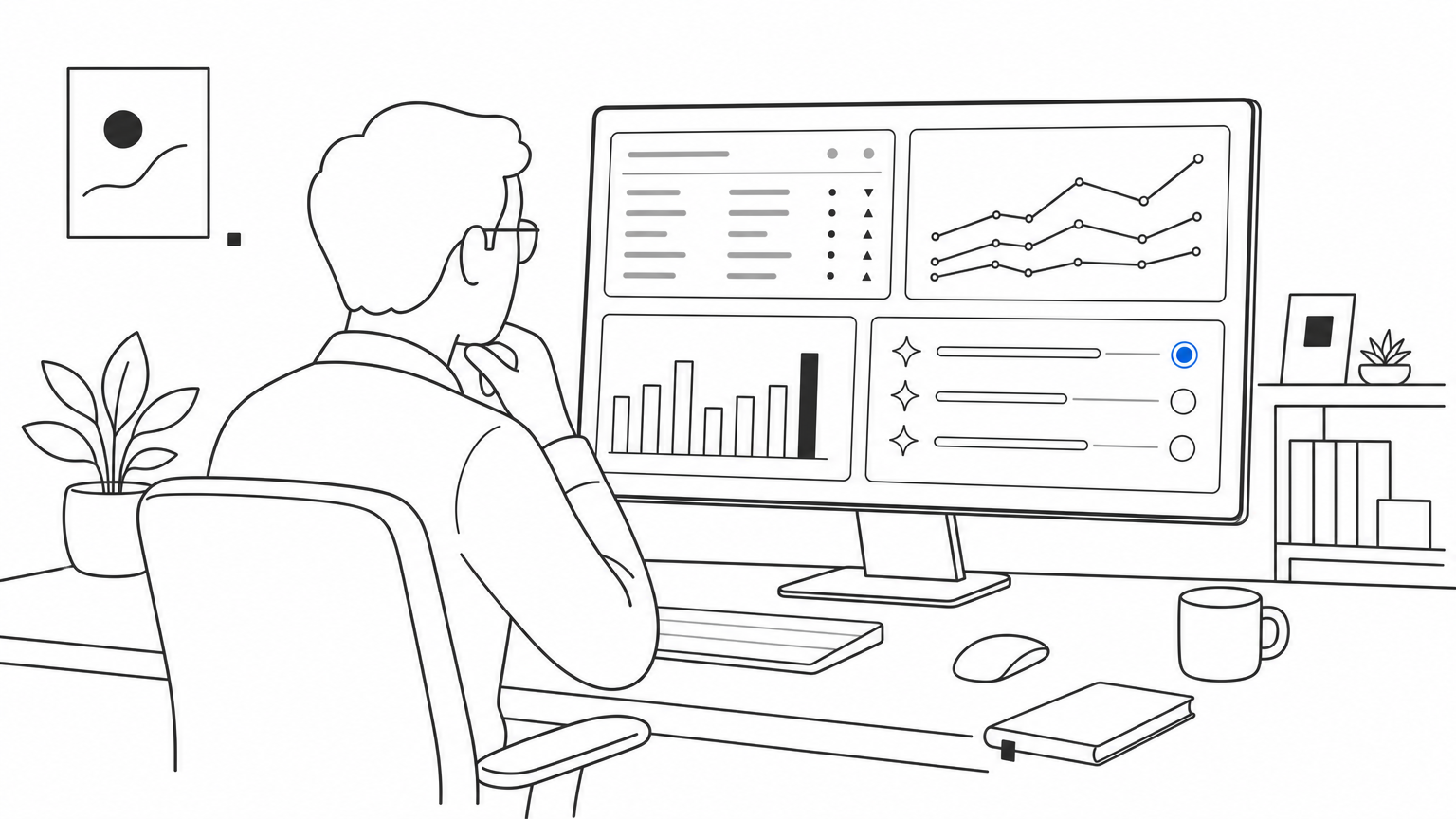 Analyst reviewing a multi-panel SEO and AI visibility dashboard on a desktop monitor.