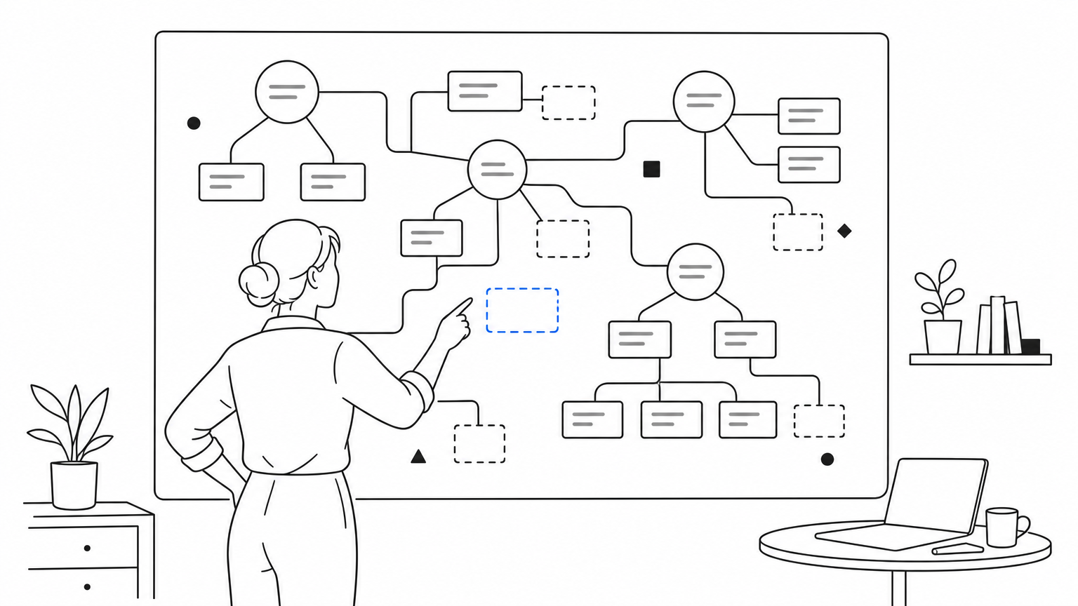 Content strategist studying a large wall map of connected content topic clusters.