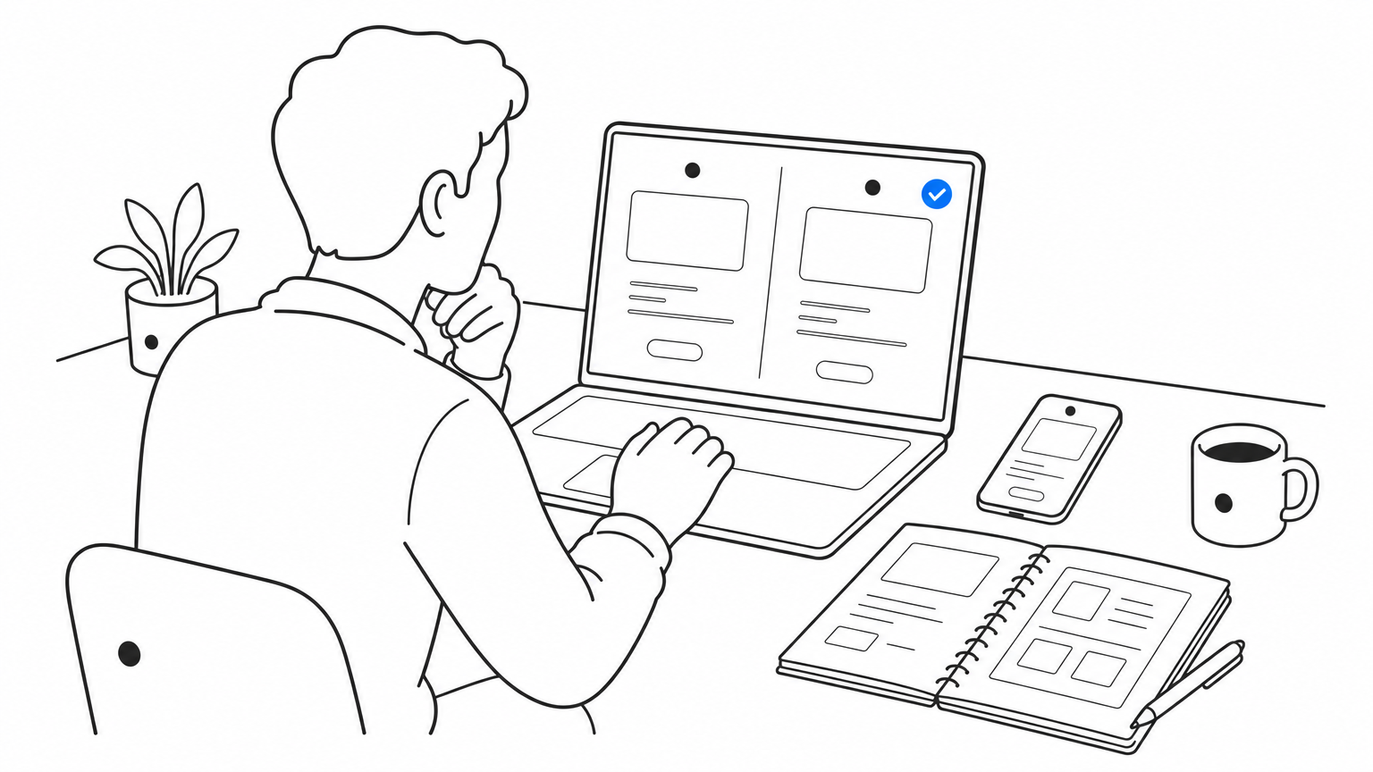 A marketer reviews a landing page split test on a laptop next to a phone and notebook.