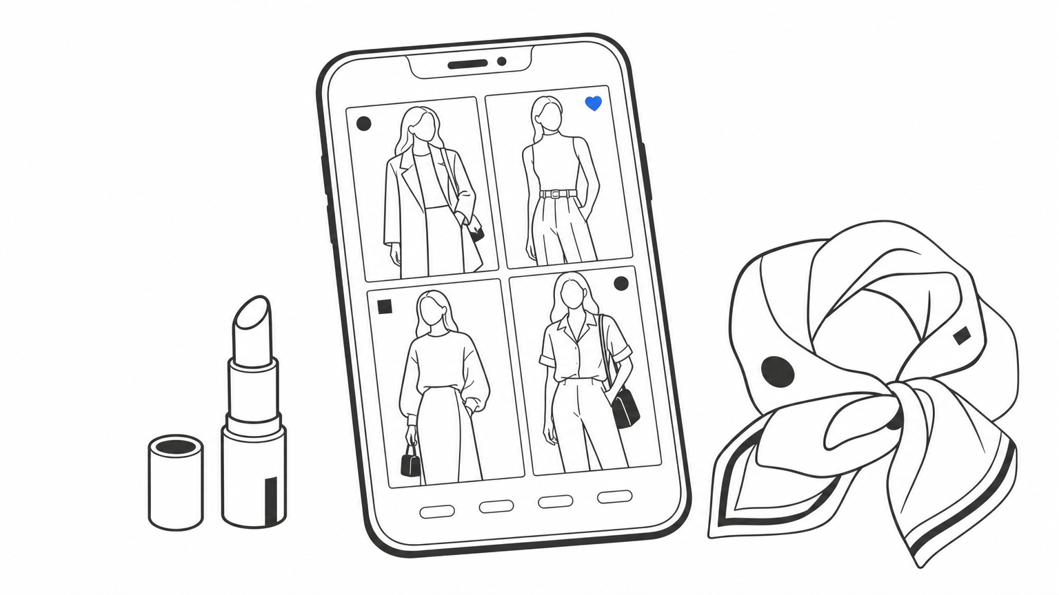 A phone showing a fashion lookbook grid next to a lipstick and a folded scarf.