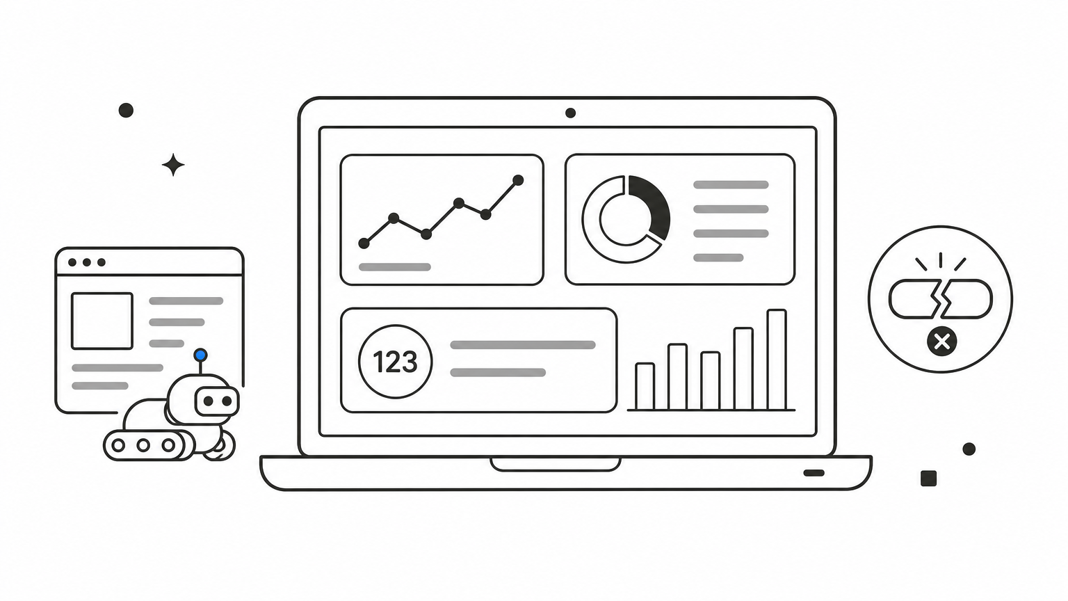A laptop displaying an analytics dashboard beside icons representing a crawling bot and a broken checkout button.