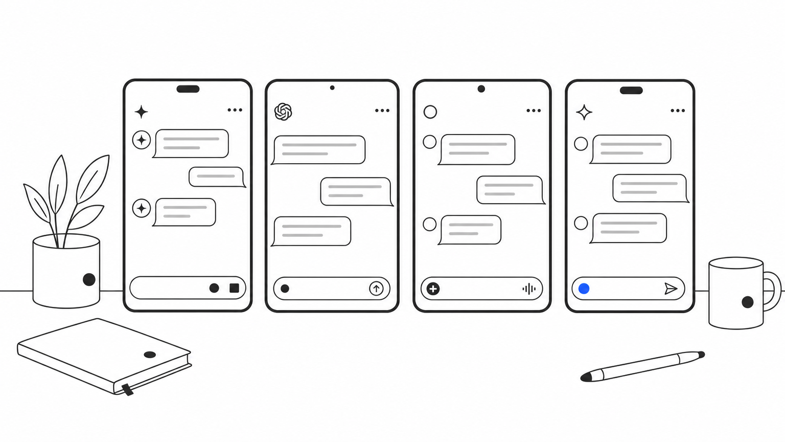 Four separate devices displaying different AI chat engine interfaces lined up side by side on a desk.