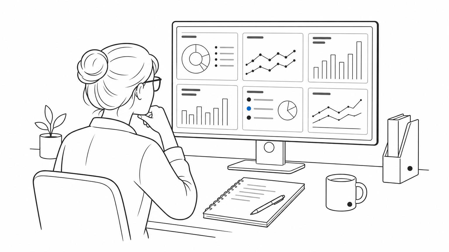 A marketing analyst studies a dashboard of AI citation and competitor data on a large monitor.