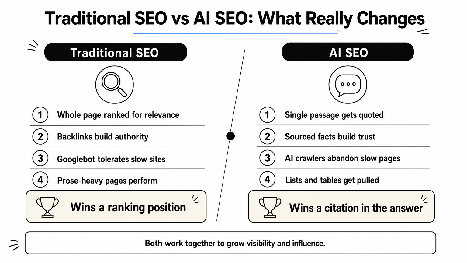 Side-by-side comparison chart contrasting traditional SEO ranking factors with AI SEO citation factors.