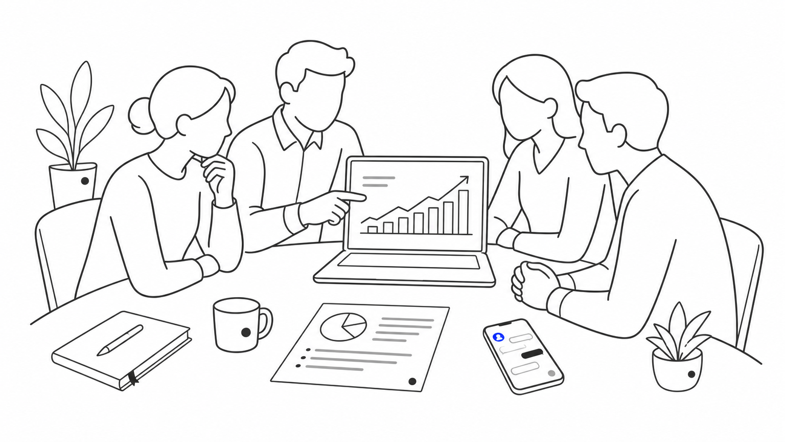 A small team examines a laptop showing a revenue chart next to a phone displaying a chatbot conversation.