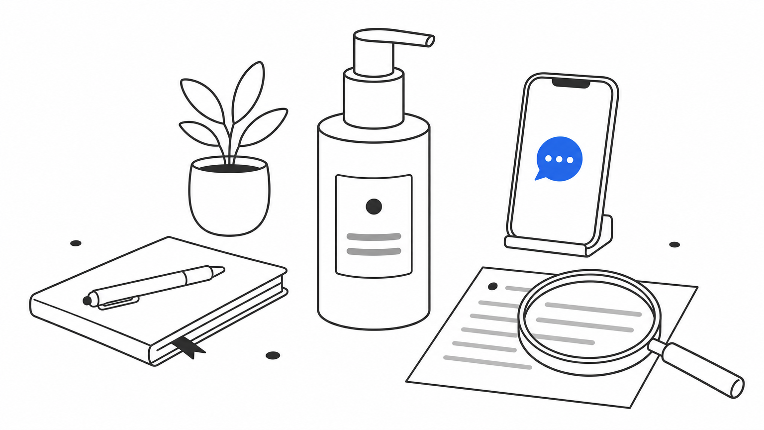 A magnifying glass hovers over a printed policy document next to a skincare bottle and a phone showing a chat bubble.