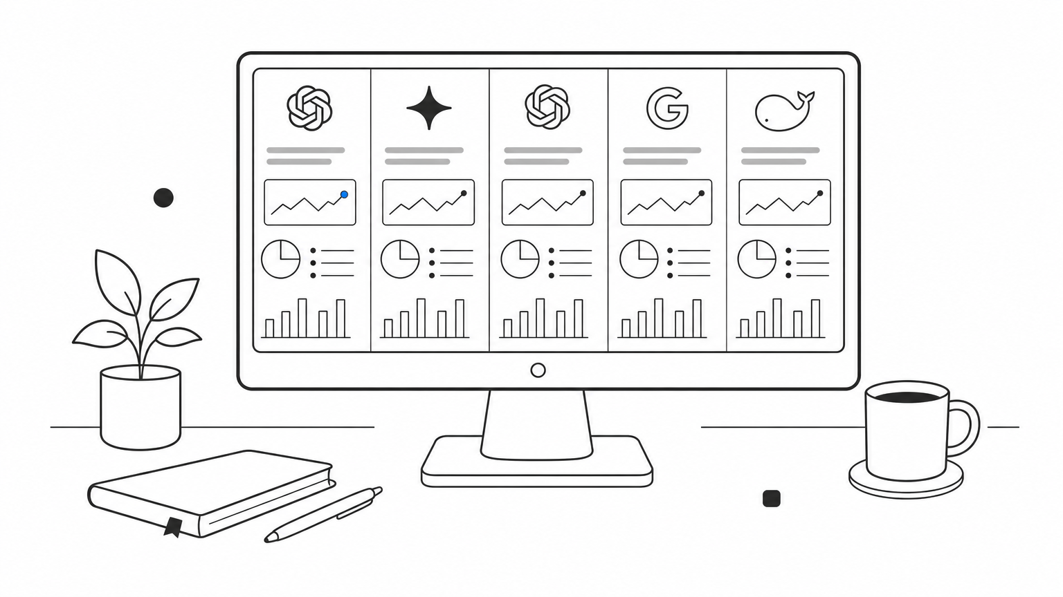 Monitor showing a dashboard with multiple columns tracking brand mentions across different AI engines.