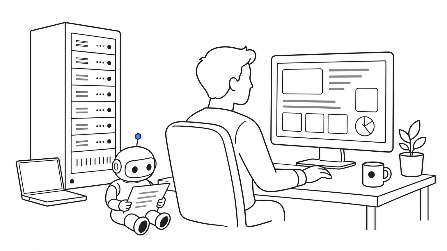 A robot reads a simple page while a person views a full website, beside a server rack.