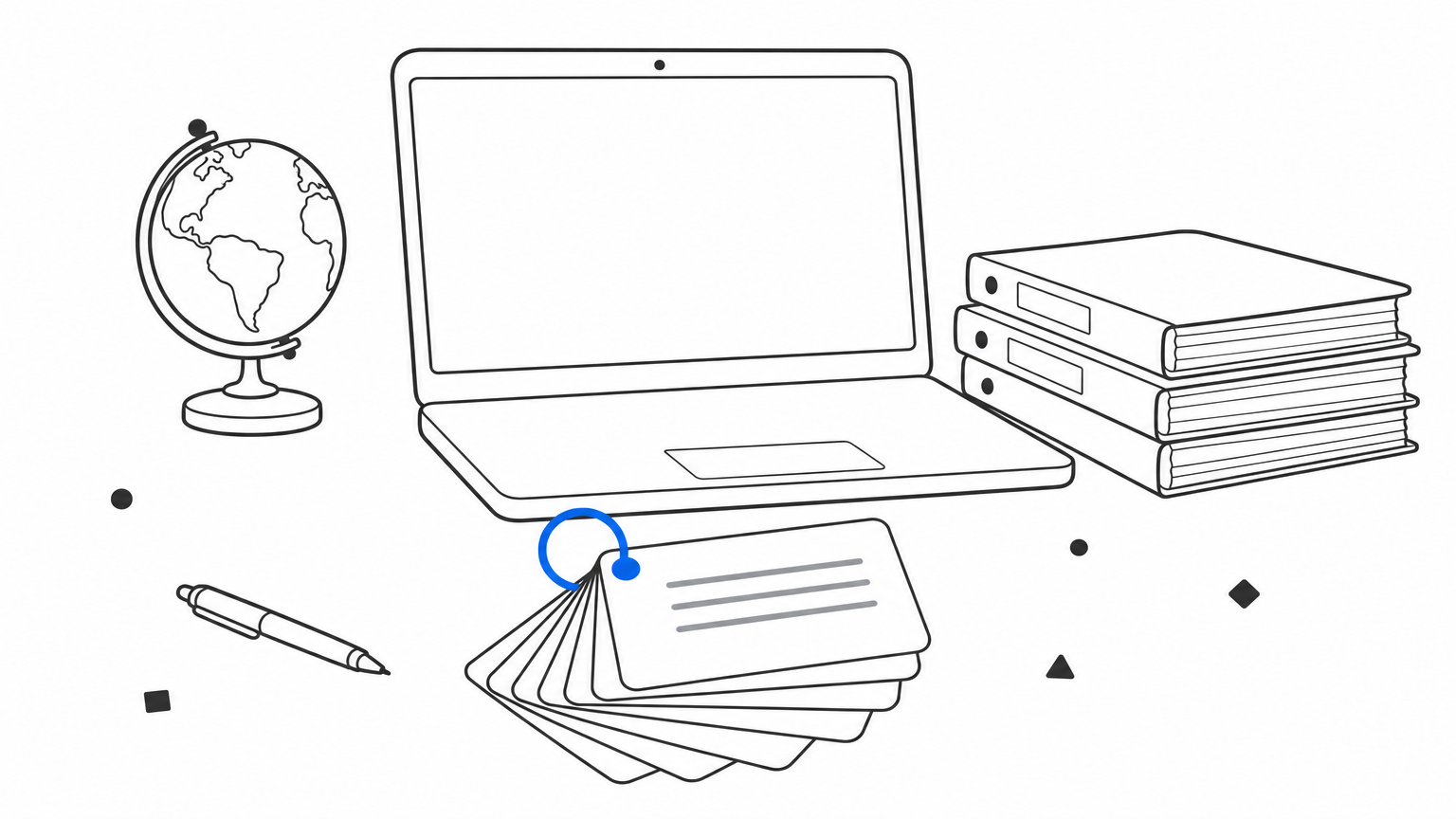 A desk holding fanned prompt cards, a small globe, and client report folders next to a laptop.