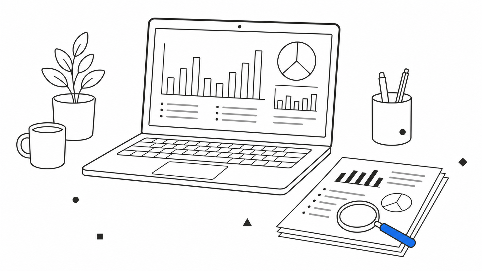 Laptop showing charts on a desk beside printed reports and a magnifying glass.