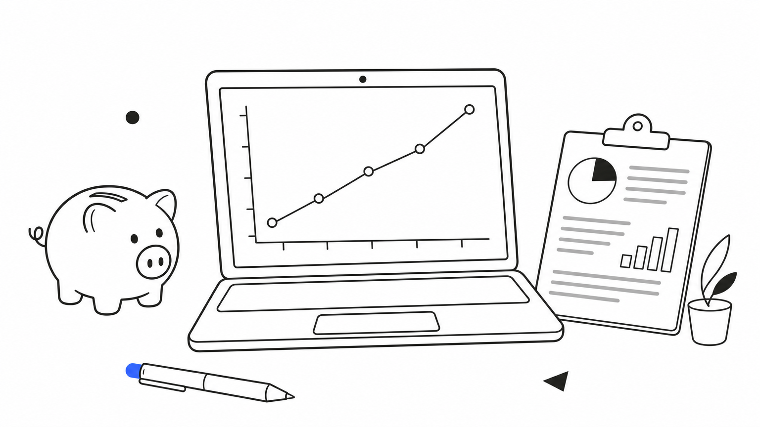 Piggy bank next to a laptop displaying a ranking graph and a clipboard report.