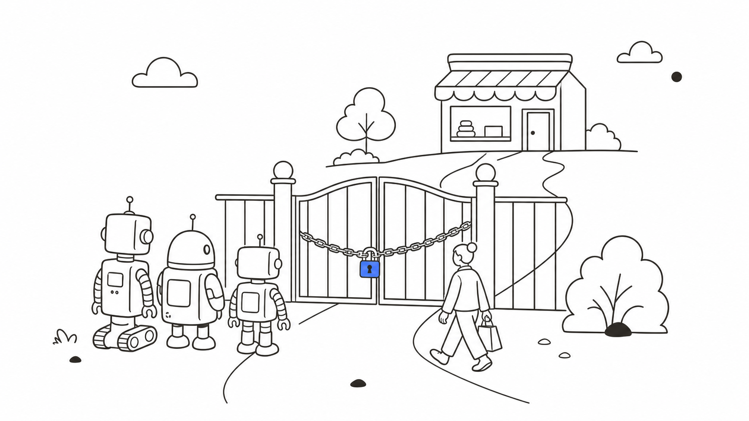 A gate in front of a storefront stopping toy robots while a shopper walks through.