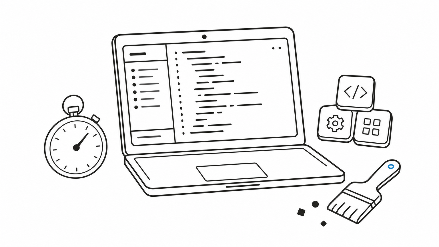 Laptop with code editor, stopwatch, and app icon tiles on a desk.