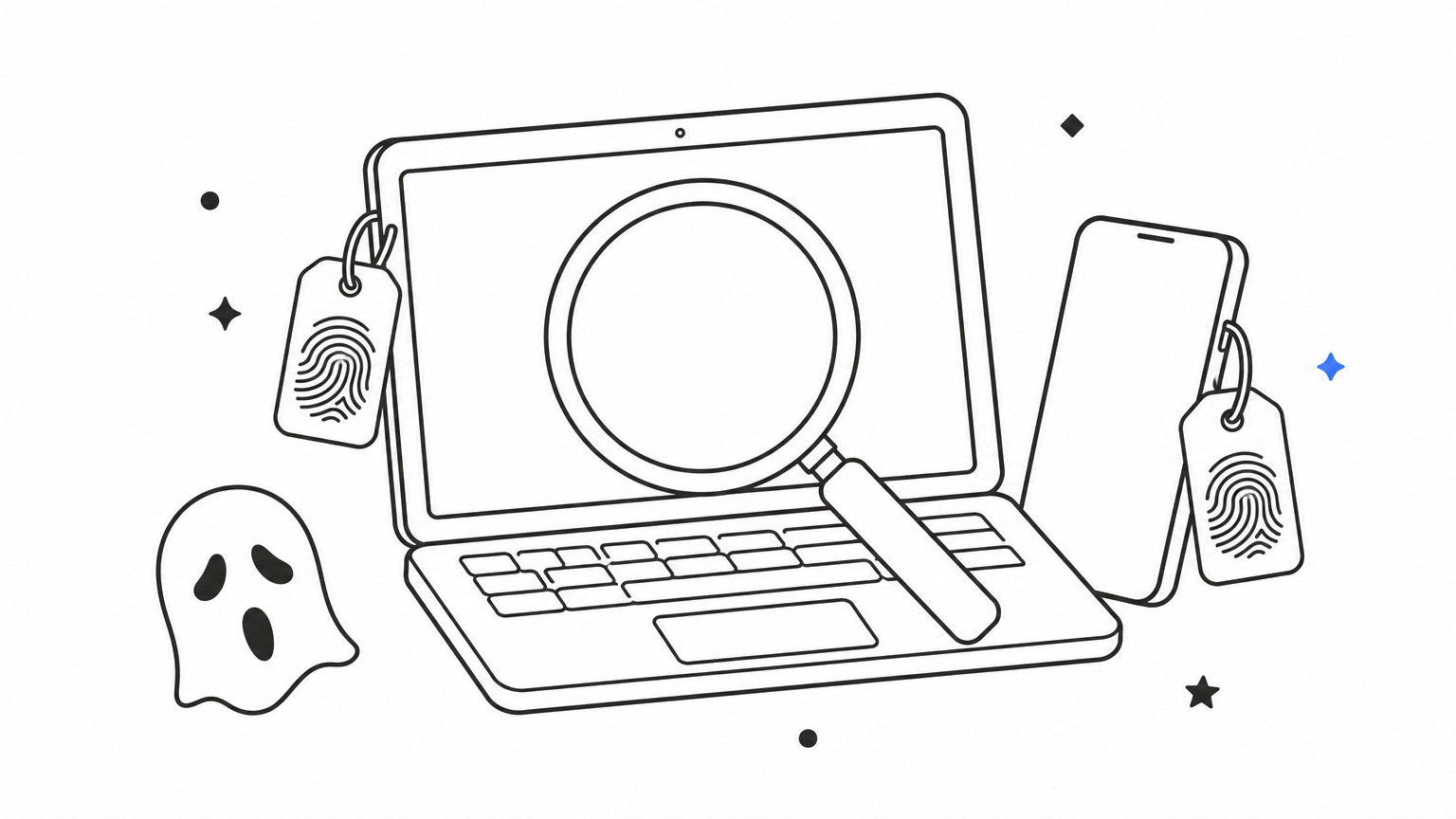 A magnifying glass examining a laptop and phone, each tagged with a fingerprint pattern.