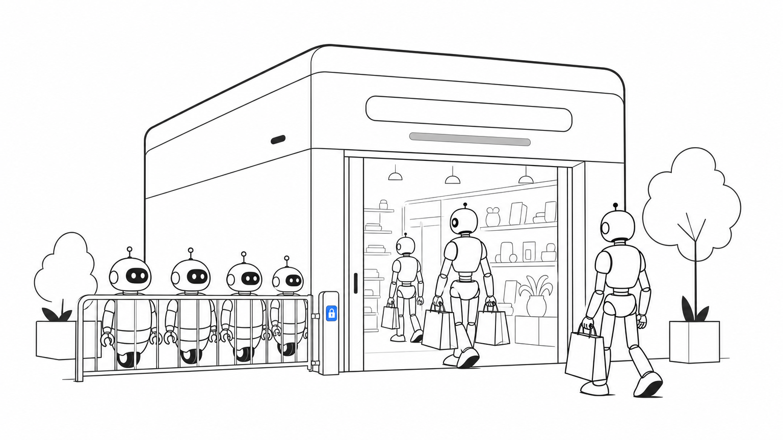 A shop entrance gate stopping a line of robots while shoppers walk through.