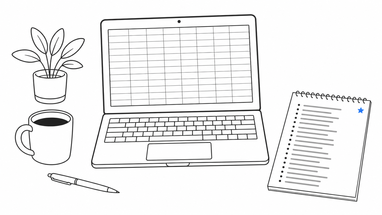 Desk with a laptop spreadsheet, a notepad list of questions, a pen, and a coffee mug.