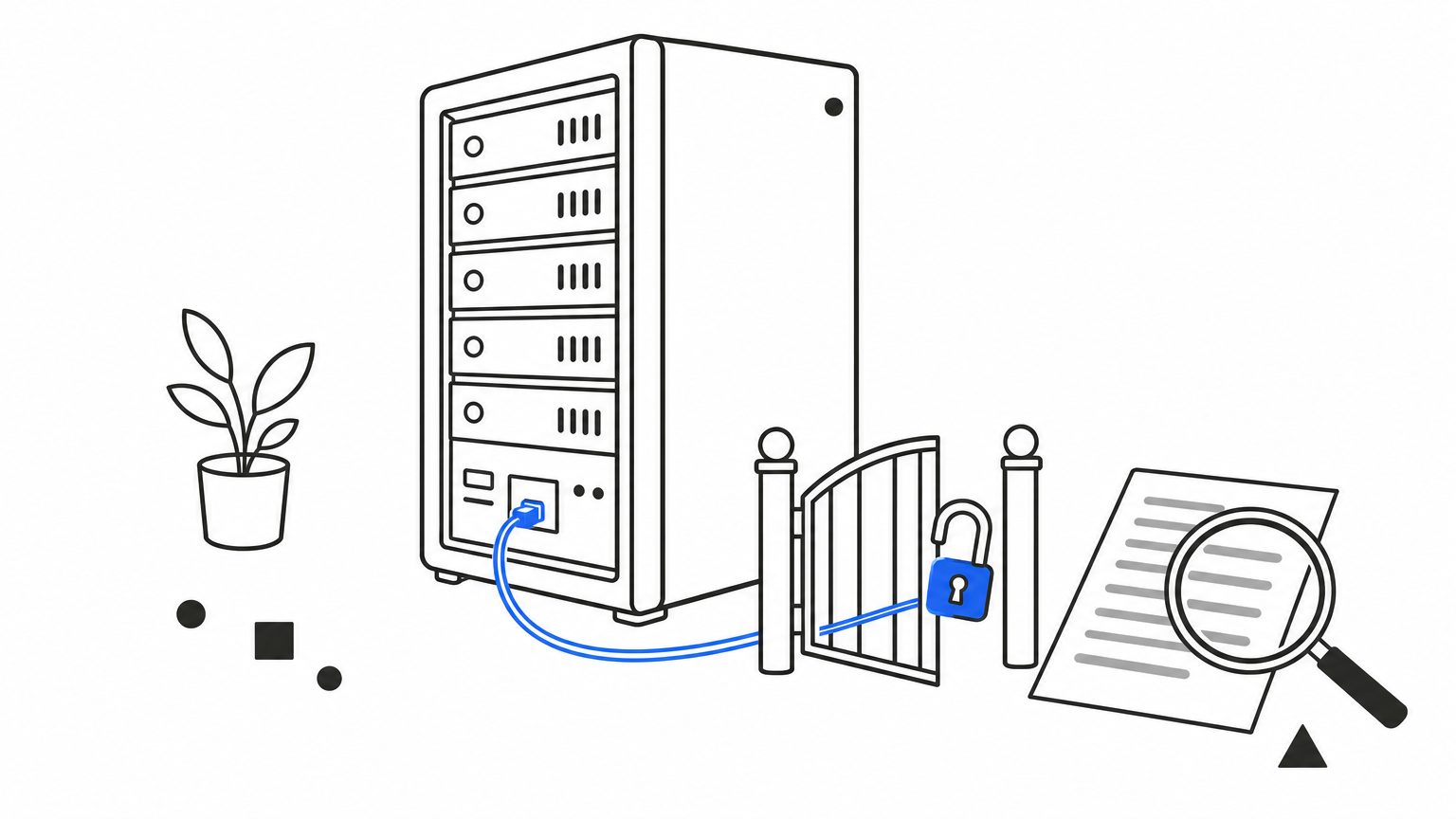 Server rack with a half-open padlocked gate and a magnifying glass over a printed log sheet.