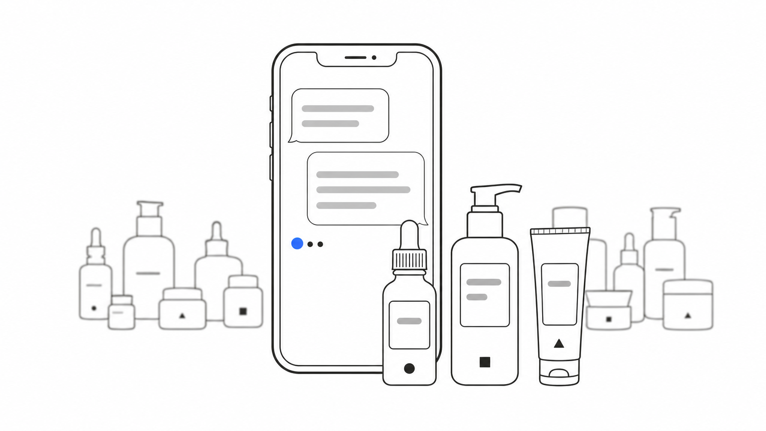 A phone showing an AI answer with three product bottles in front and many others faded behind.