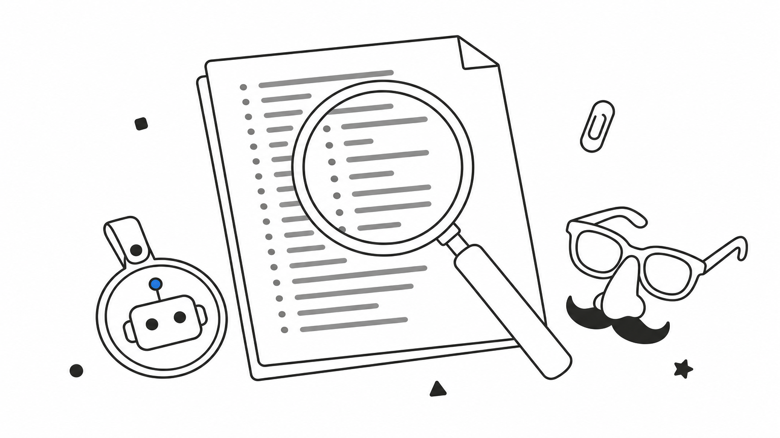 A magnifying glass over a server log beside a bot badge and a disguise mustache.