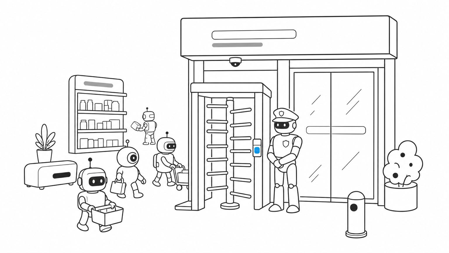 Small robots bypass a guarded checkout turnstile by walking along an open path to store shelves.