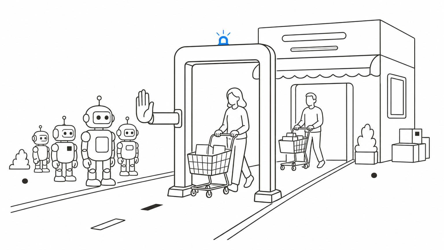 A gate in front of a store turns away robots while shoppers with carts walk through.