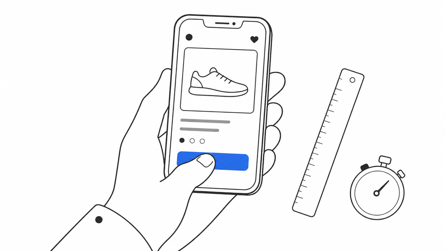 A hand holding a smartphone with a thumb over a button, next to a ruler and stopwatch.