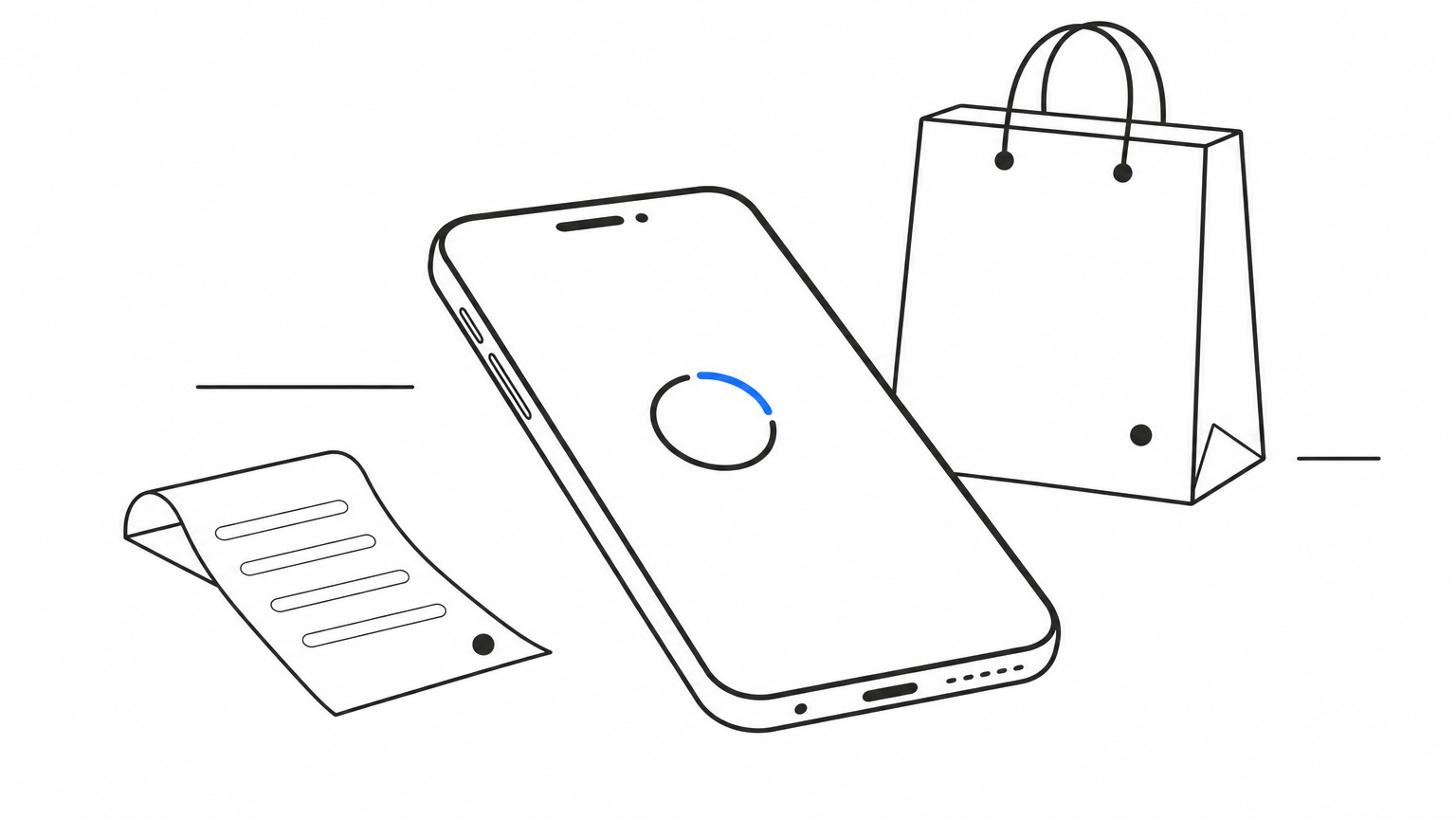 A smartphone shows a loading circle on its screen, beside a shopping bag and a receipt.