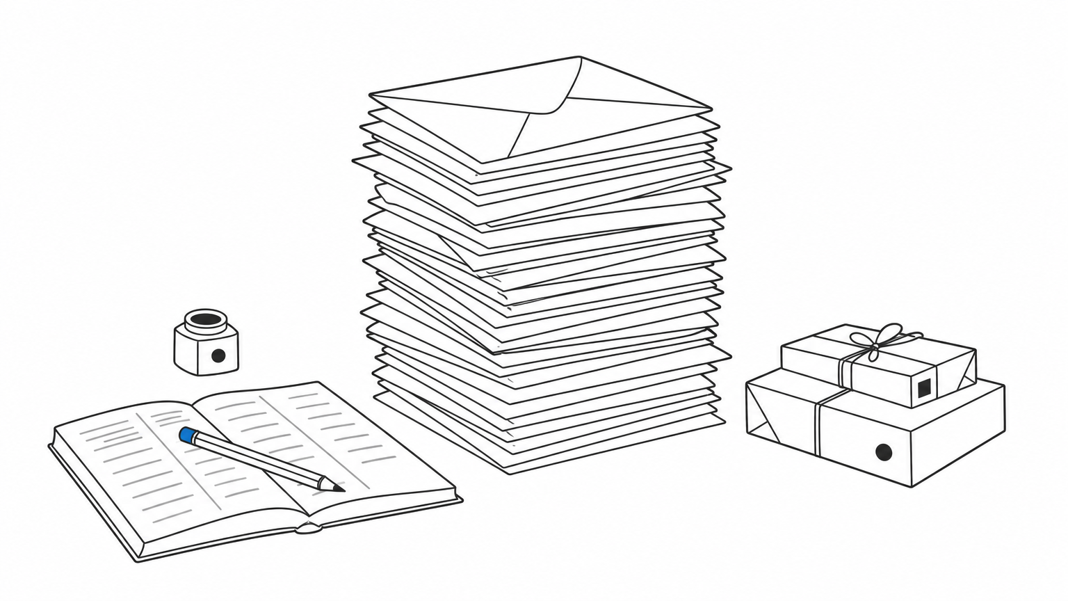 A tall stack of envelopes sits beside a small pile of parcels, with a pencil on an open ledger.