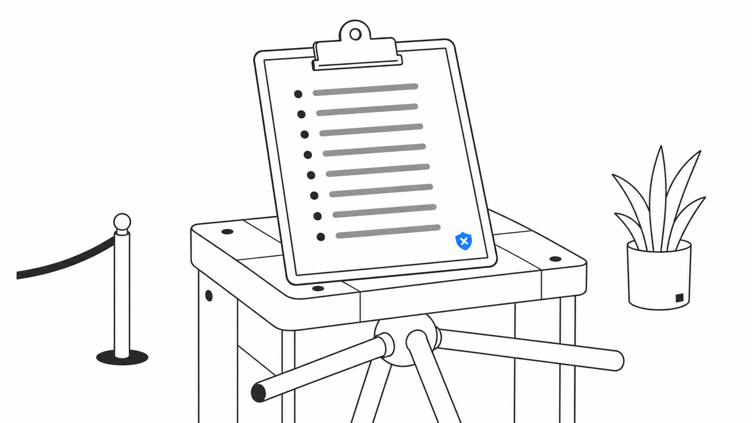 A clipboard listing blocked IP addresses rests beside a turnstile.