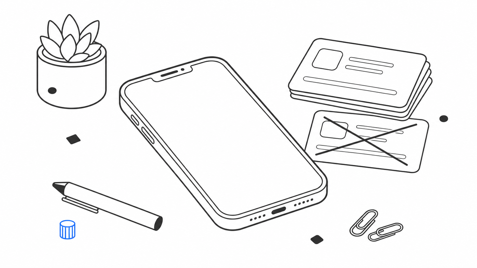 A smartphone sits beside app install cards, one of them crossed out.