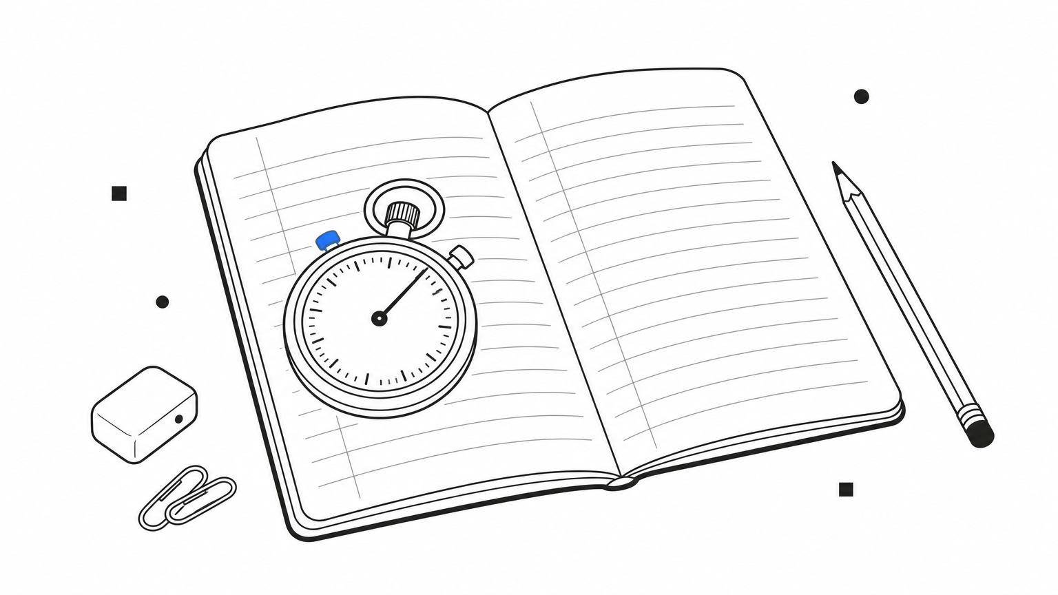 A stopwatch rests on an open notebook with ruled columns, next to a pencil.