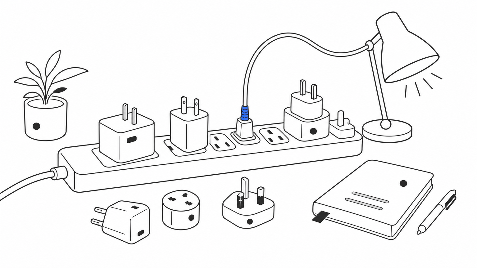 A power strip with most plugs unplugged and one cord still powering a lamp.