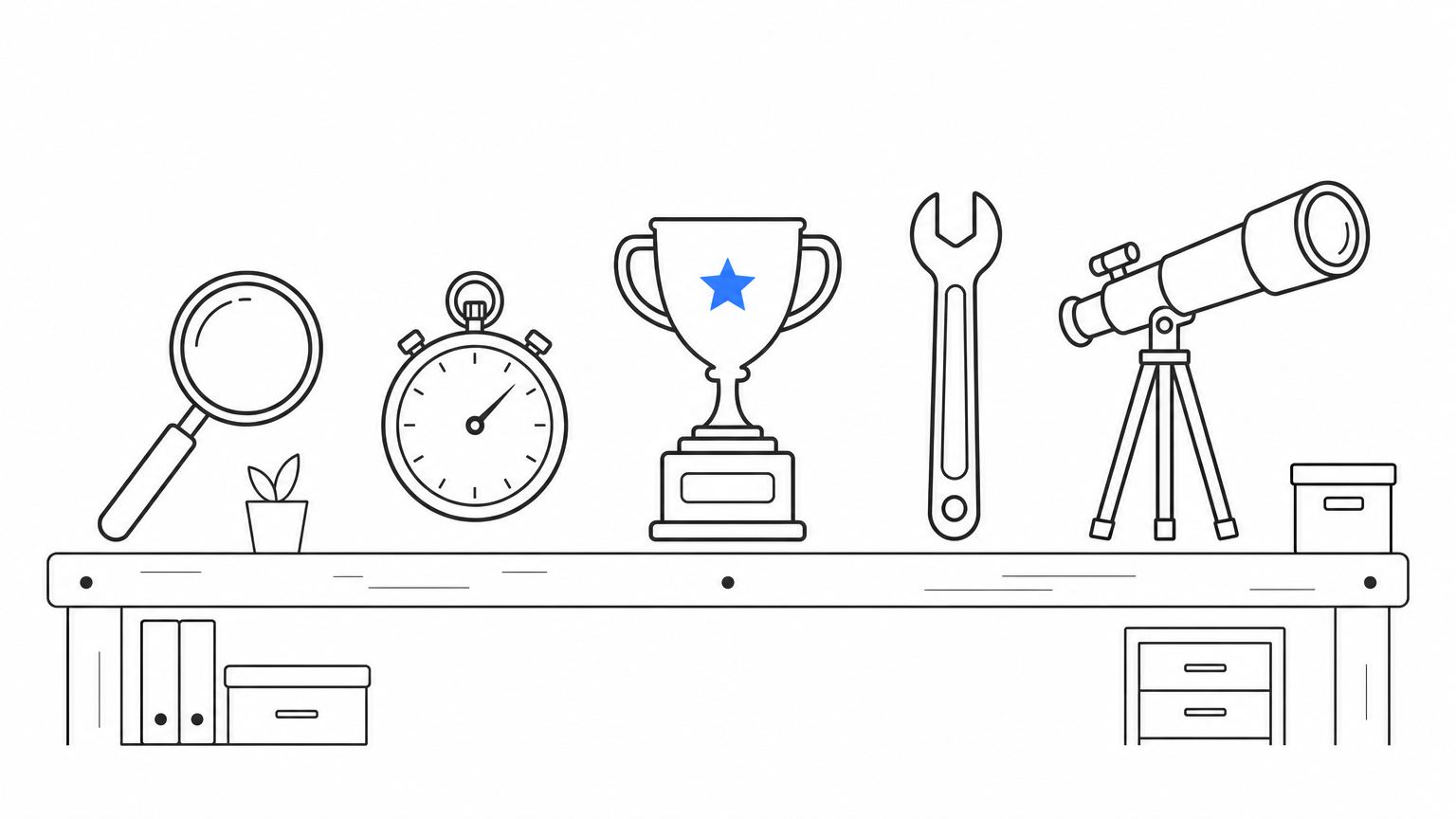 A row of five distinct hand tools on a workbench, each with its own space, including a magnifying glass and a stopwatch.