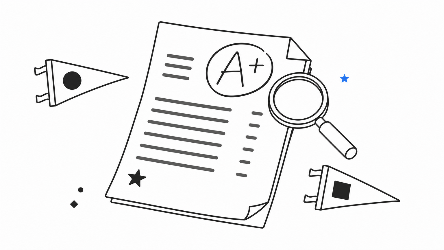 A paper report card with a circled score, a magnifying glass, and two small rival pennants beside it.