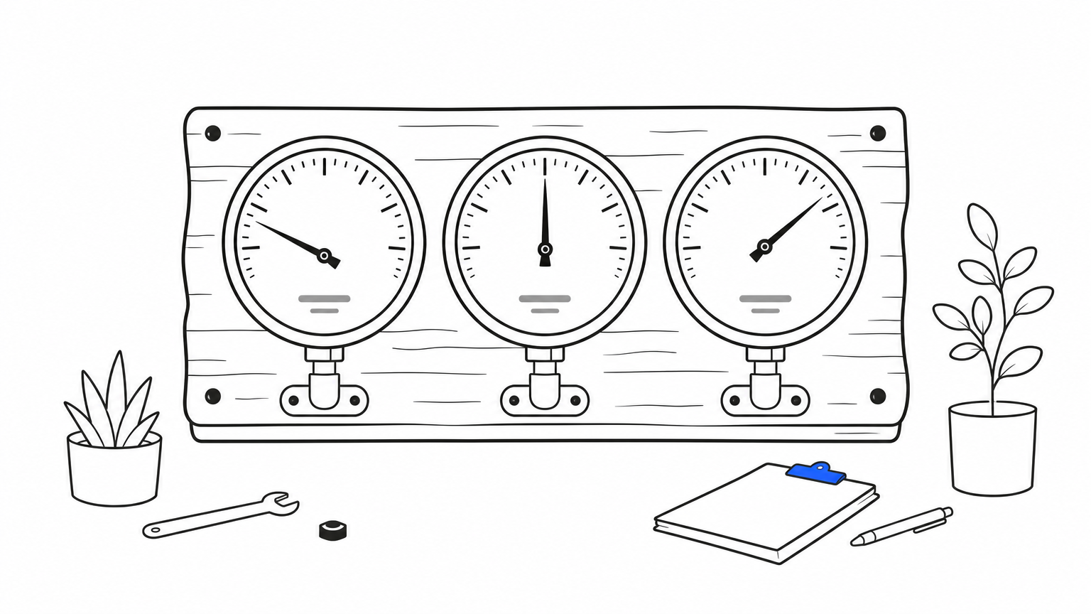 Three analog gauges sit side by side, each needle resting at a different reading.