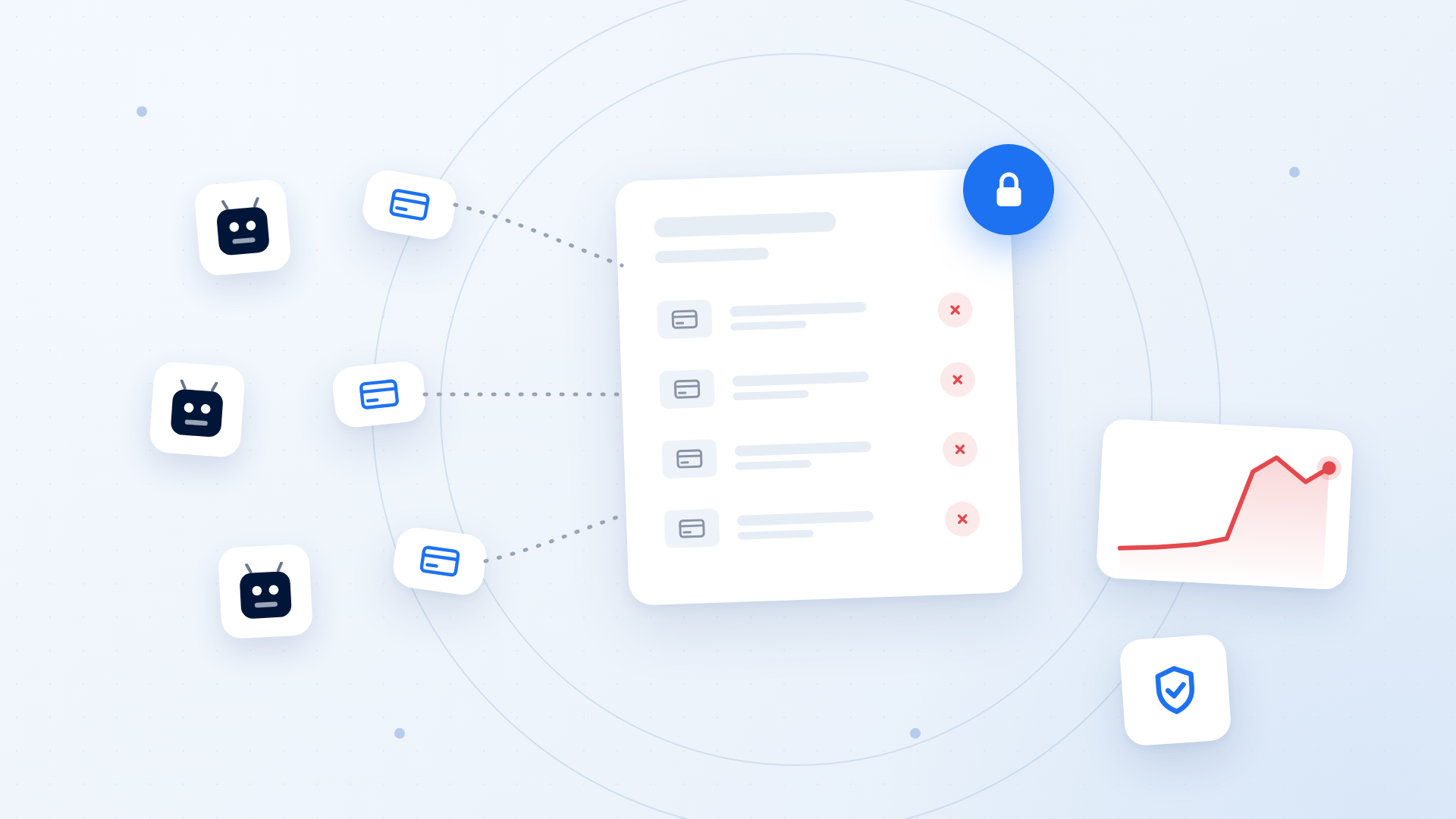 Nostra editorial graphic on card testing attacks: bots firing stolen cards at a Shopify checkout, a list of declined transactions, and a spike in declines.