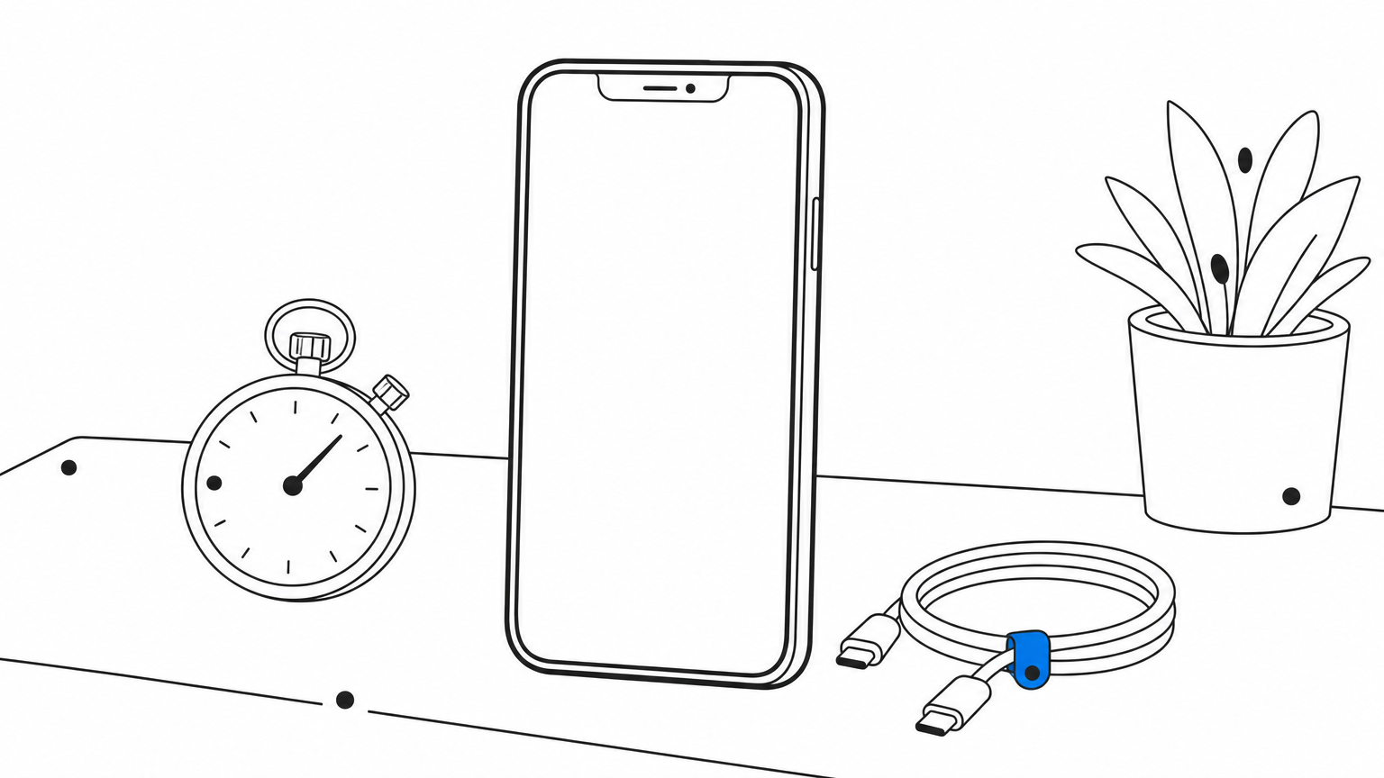 A smartphone stands beside a stopwatch and a coiled cable on a desk, suggesting a race against load time.