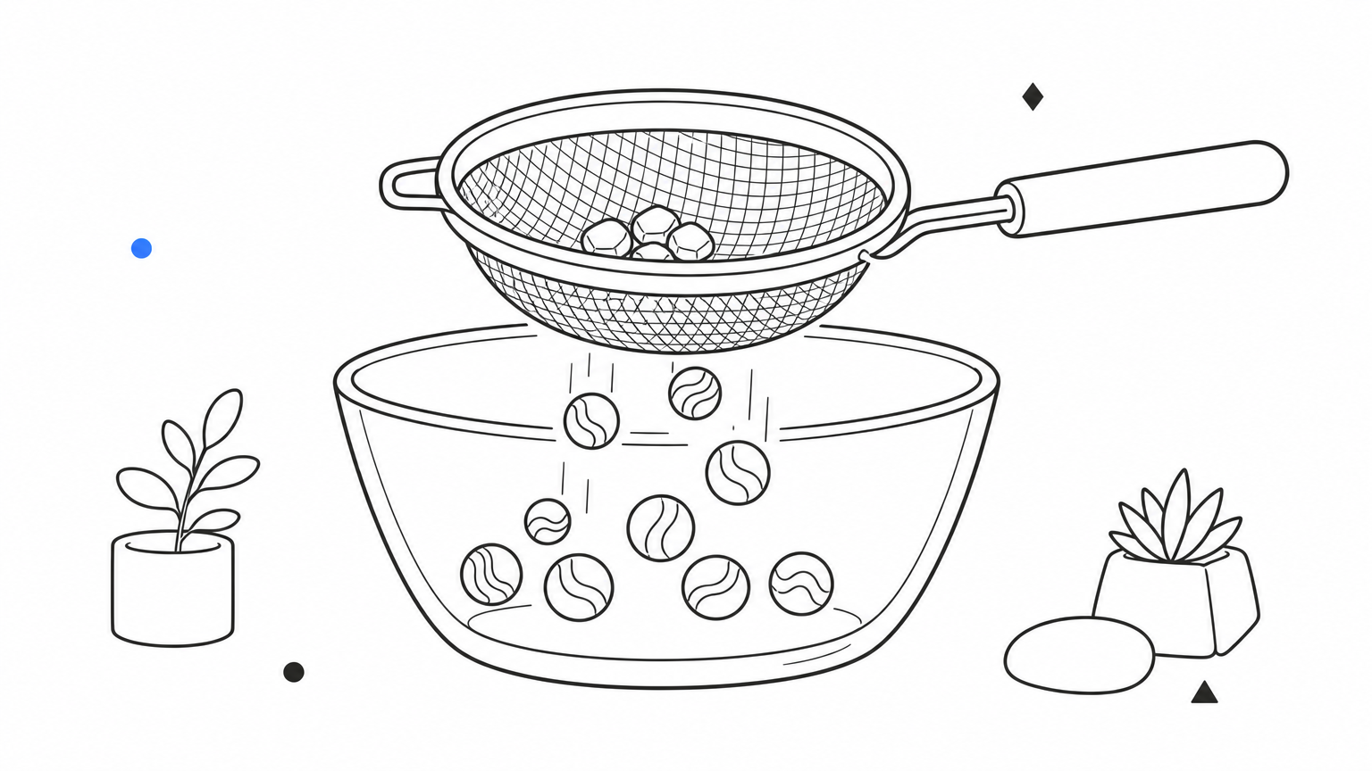 A mesh sieve catches pebbles while marbles pass through into a bowl, illustrating traffic being filtered before it arrives.