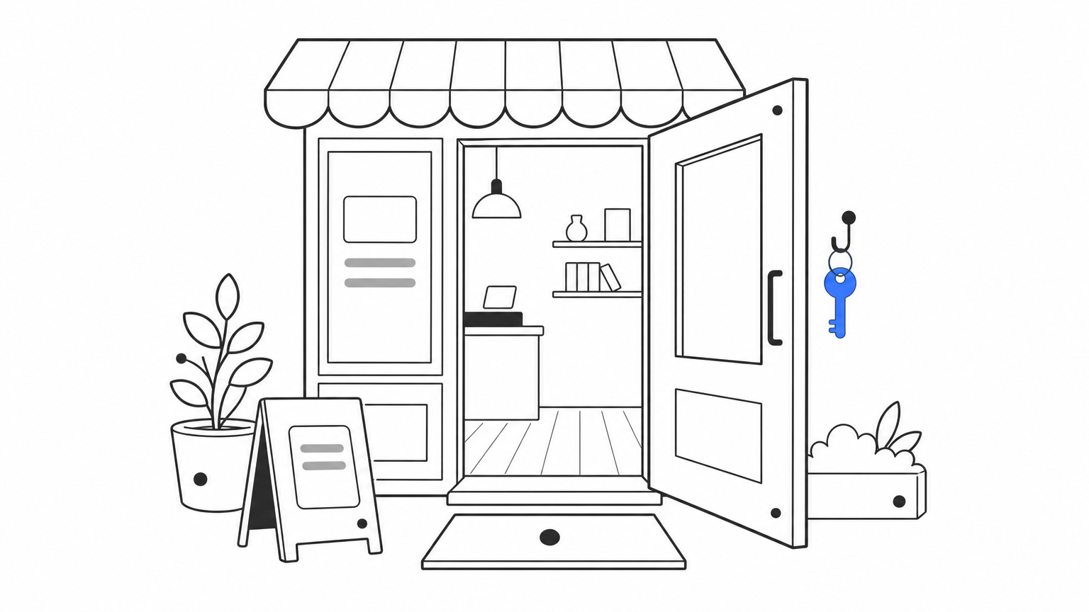 A shop doorway with one door propped open, a welcome mat on the threshold, and a key hanging on a hook.