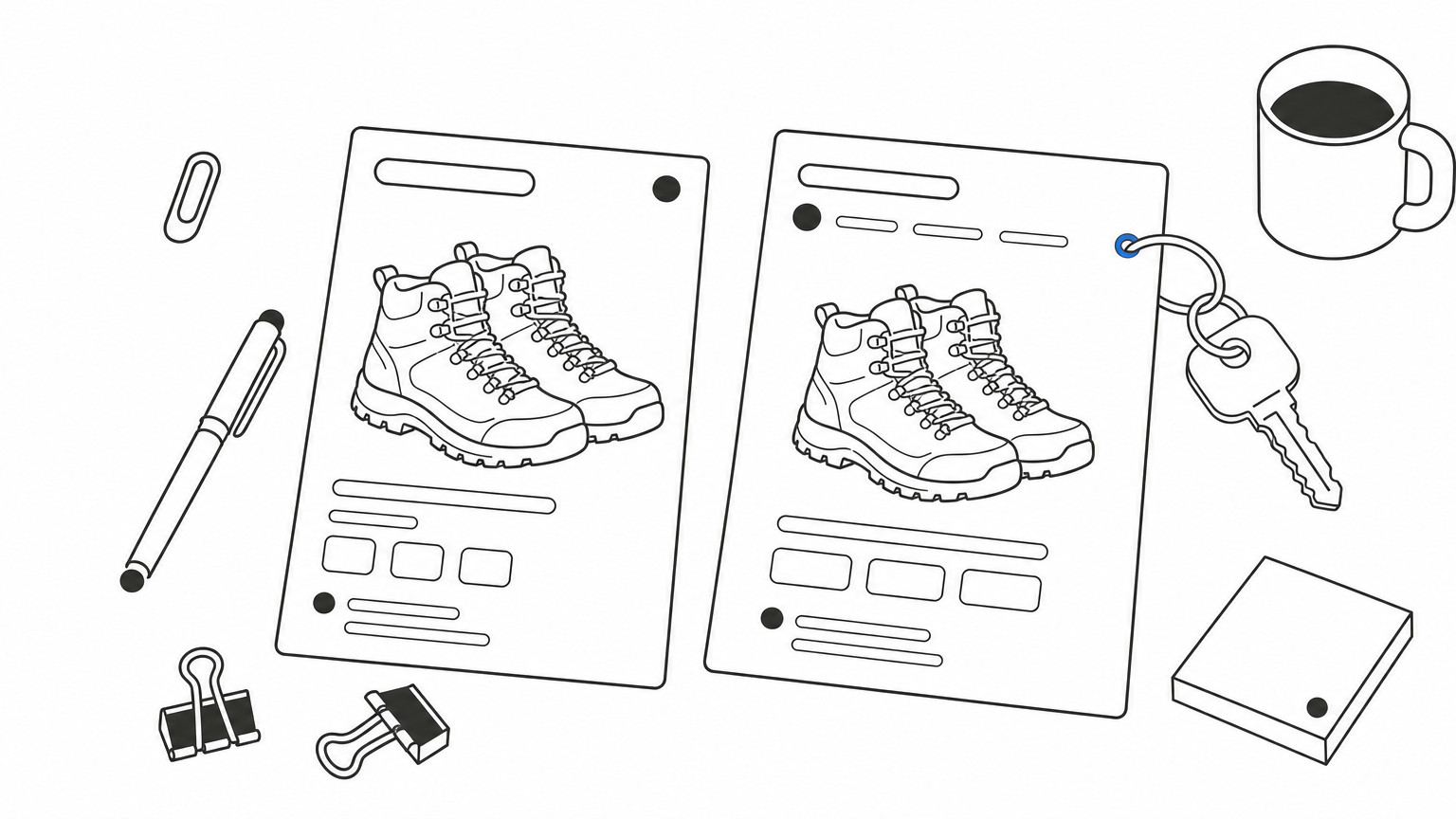 Two matching cards show the same hiking boot, one as an ad and one as a landing page.